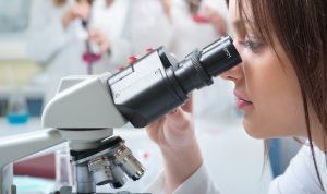 Mandl School Medical Degree student looking into microscope