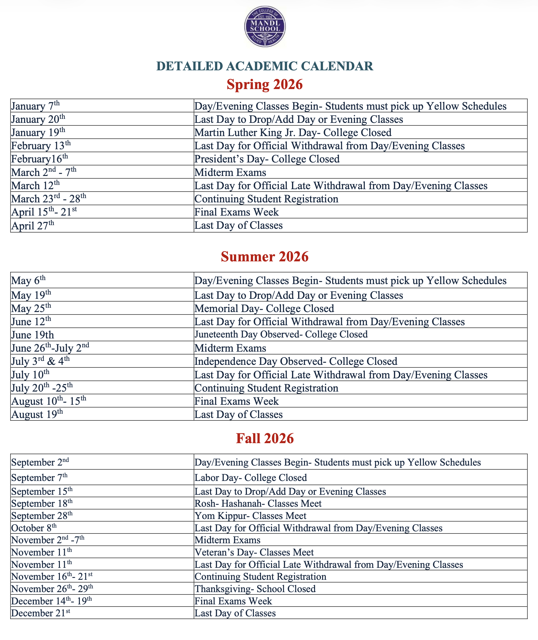 Mandl School academic calendar